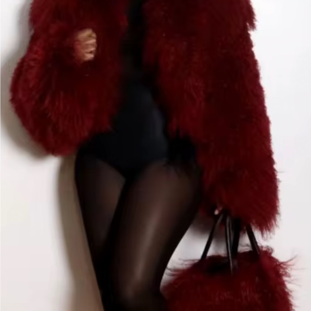 Women's Red Curly Goat Genuine And Bag